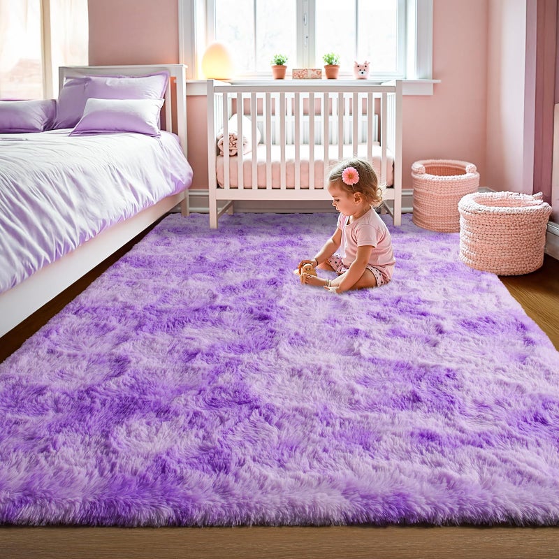 LOCHAS Luxury Fluffy Rainbow Area Rug for Girls Bedroom 4x6, Soft Fuzzy Kids Rugs for Bedroom Boys Playroom, Cute Colorful Tie Dye Princess Carpet for Nursery Living Room Home Decor, Purple - Image 1